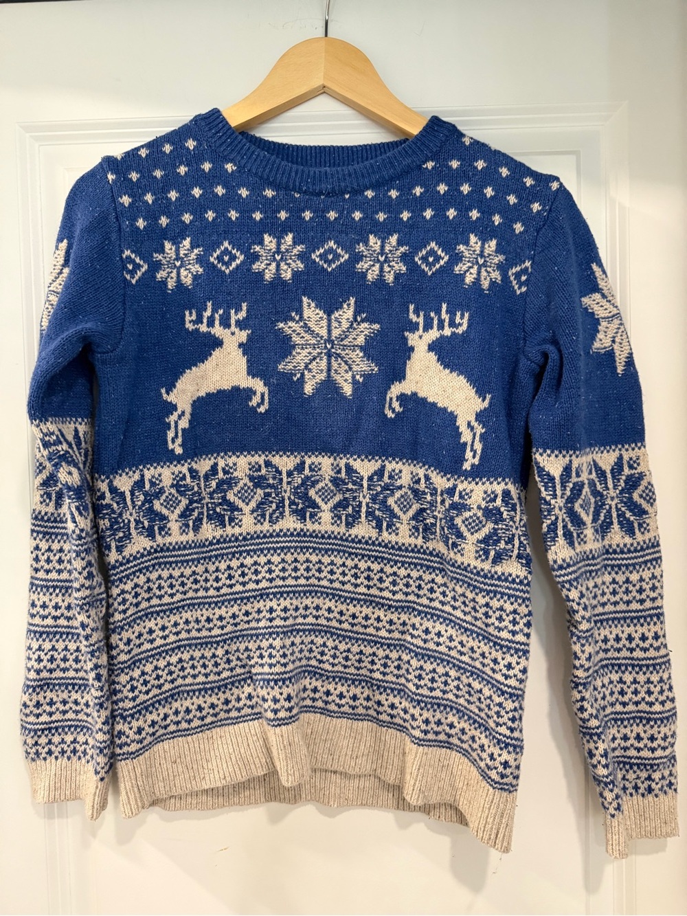 Fat Face Blue and Cream Reindeer Fair Isle Crewneck Sweater